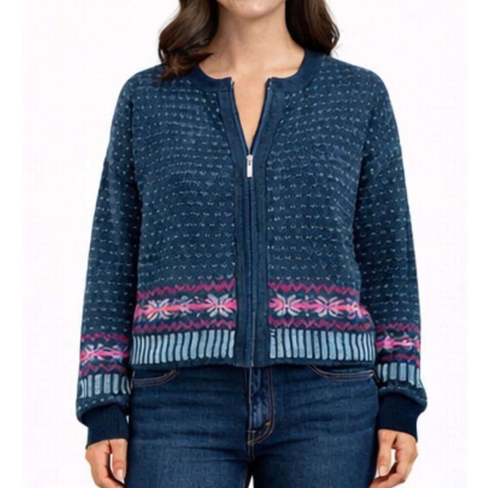 ⭐️ sport 100% lambs wool vintage grey fair-isle zip front sweater large